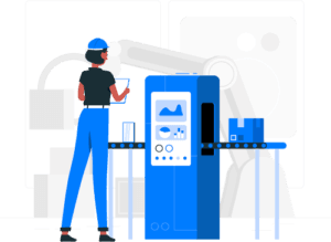 Illustration of a worker operating electronic manufacturing equipment in a modern factory setup for EMS software solutions.