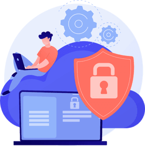 Illustration of a person using a laptop on a cloud icon with a large shield and padlock symbolizing cloud data security and protection