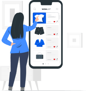 Woman browsing clothing wishlist on a large mobile screen, selecting fashion items in a digital shopping app interface.