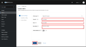 Keycloak admin console showing client creation screen with "my-client" details entered and the "Next" button highlighted to proceed.